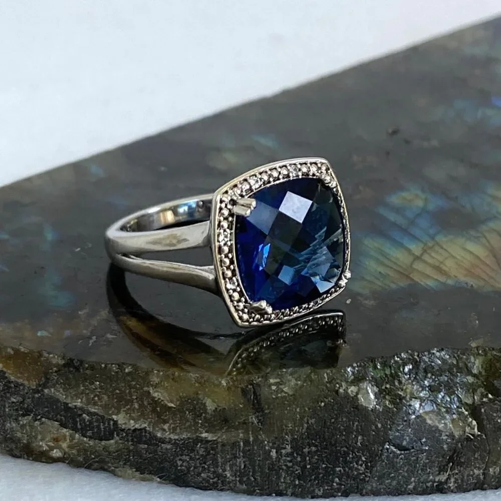 Sterling Silver 925 P☆M Blue Cubic Zirconia & Diamond Accent Stone Ring Sz 7